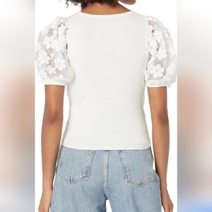 Industry White Puff Sleeve Floral Applique Sweater